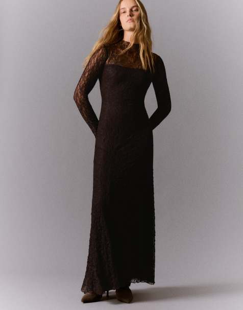Bershka Long sleeve lace maxi dress in brown - view 1