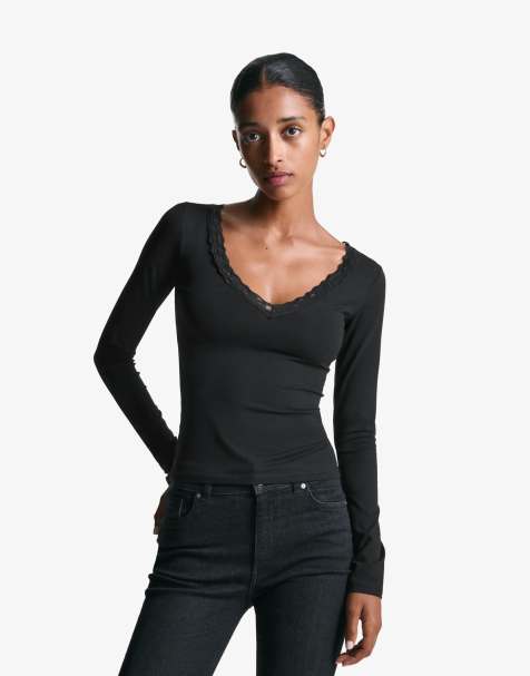 Bershka Long sleeve lace t-shirt in black - view 1