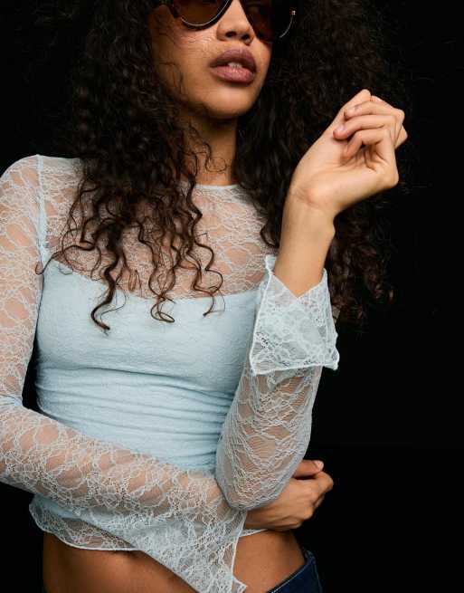Bershka Long sleeve lace t-shirt in blue, 3 of 4