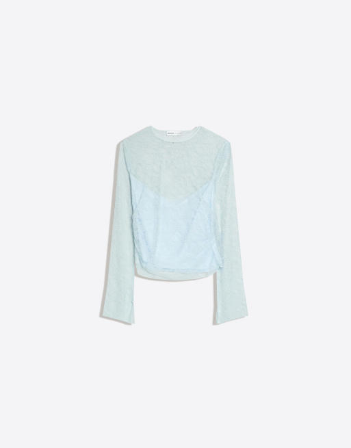 Bershka Long sleeve lace t-shirt in blue, 4 of 4