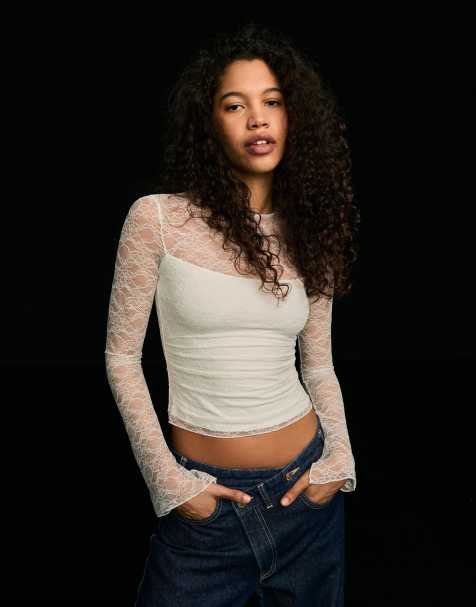 Bershka Long sleeve lace t-shirt in ecru - view 1