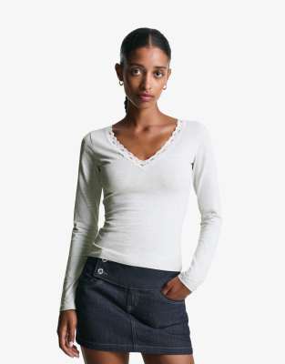 Bershka Long sleeve lace t-shirt in light grey