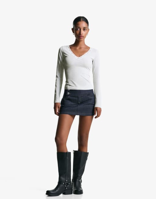 Bershka Long sleeve lace t-shirt in light grey, 2 of 4