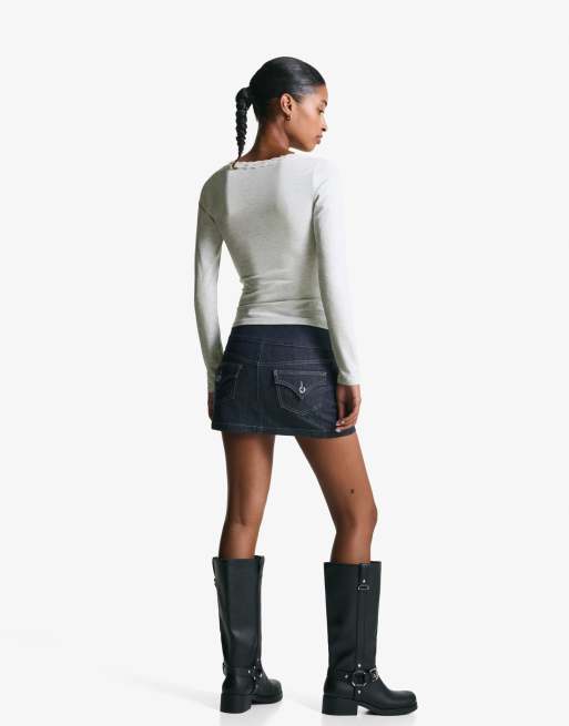 Bershka Long sleeve lace t-shirt in light grey, 4 of 4