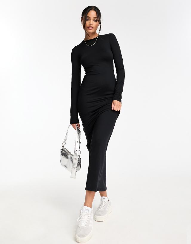 Bershka - long sleeve open back shaping maxi dress in black