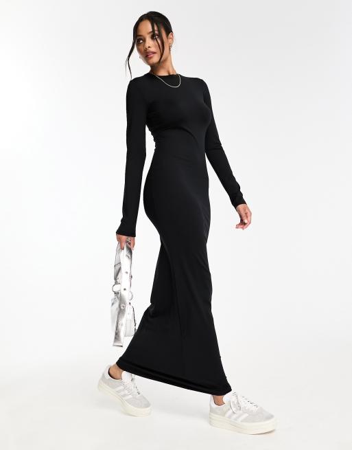 Bershka long sleeve open back shaping maxi dress in black