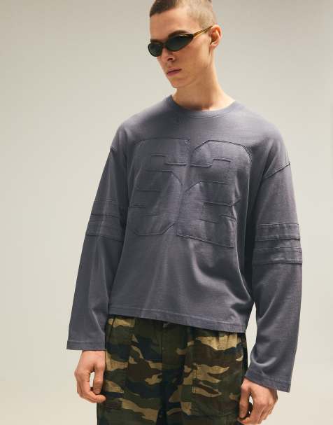 Bershka Long sleeve print t-shirt in washed grey - view 1