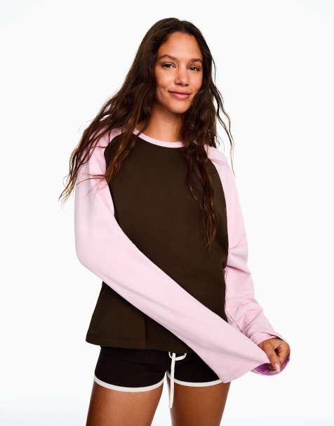 Bershka Long sleeve raglan t-shirt in brown - view 1