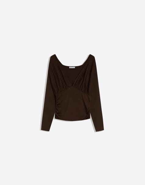 Bershka Long sleeve ruched t-shirt in brown - view 1