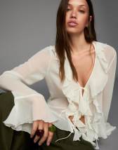 Bershka Long sleeve shirt with frills in burgundy