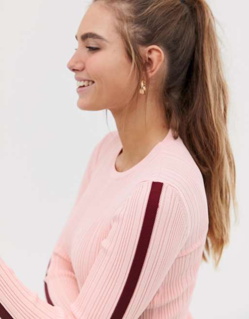 Bershka long sleeve side stripe knitted top in pink, 3 of 4