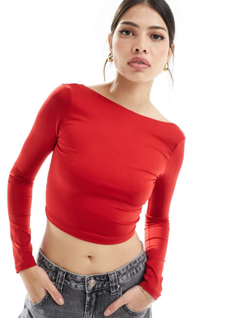 Bershka long sleeve slash neck open back top in red ASOS