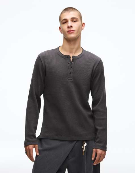 Bershka Long-sleeve slim-fit henley collar t-shirt in washed grey - view 1