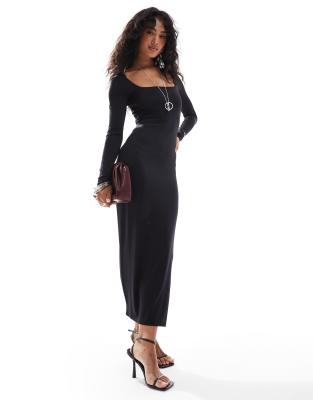 long sleeve square neck bodycon midaxi dress in black