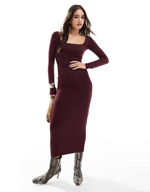 Bershka long sleeve square neck bodycon midaxi dress in Bershka long sleeve square neck bodycon midaxi dress in