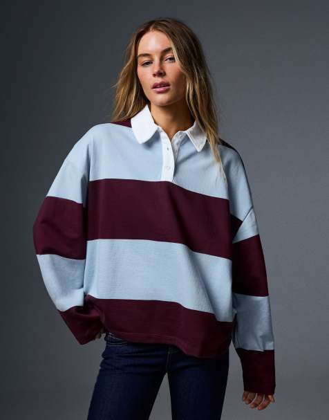 Bershka Long sleeve striped polo shirt in burgundy - view 1