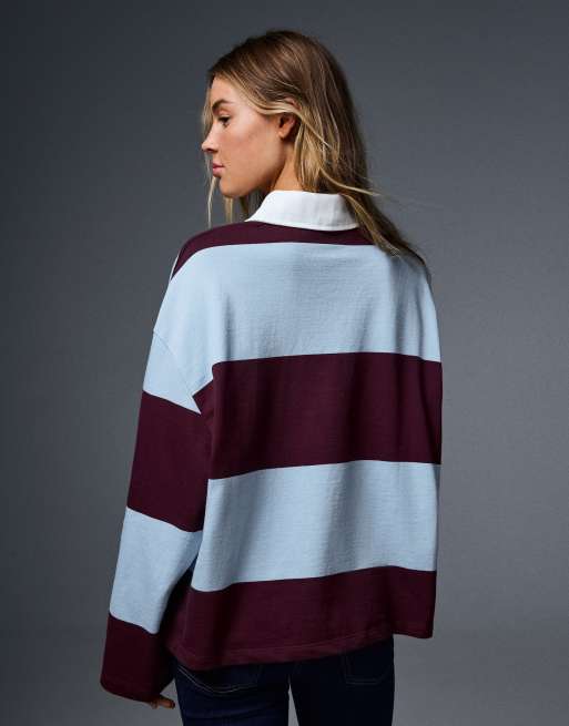 Bershka Long sleeve striped polo shirt in burgundy, 3 of 5