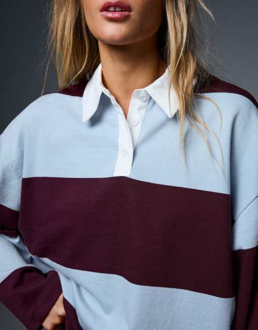 Bershka Long sleeve striped polo shirt in burgundy, 4 of 5