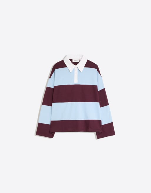 Bershka Long sleeve striped polo shirt in burgundy, 5 of 5