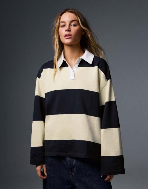 Bershka Long sleeve striped polo shirt in yellow - view 1