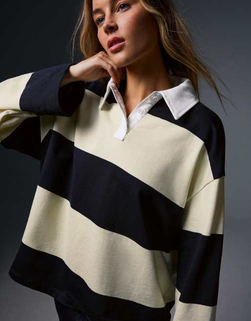 Bershka Long sleeve striped polo shirt in yellow, 2 of 5