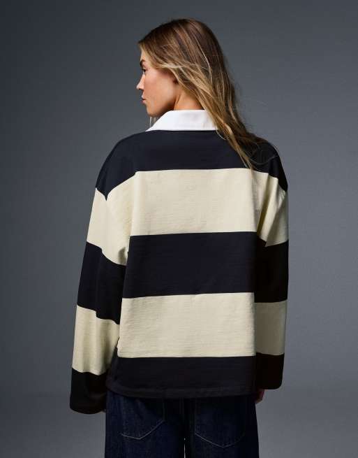 Bershka Long sleeve striped polo shirt in yellow, 3 of 5