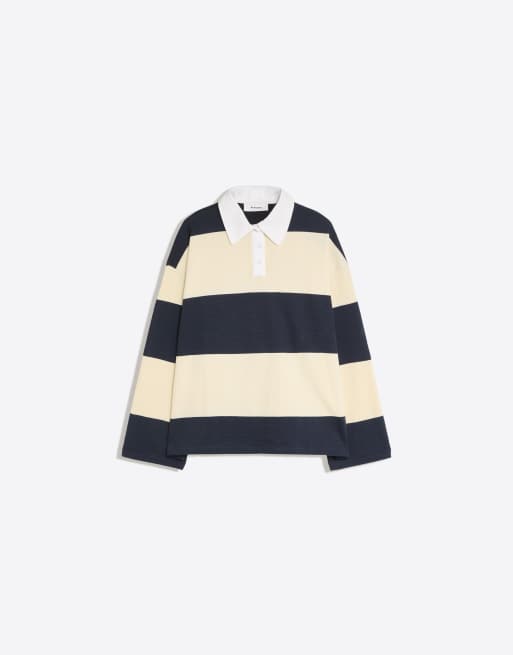 Bershka Long sleeve striped polo shirt in yellow, 5 of 5