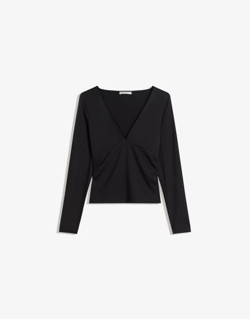 Bershka Long sleeve t-shirt with gathering in black, 3 of 4
