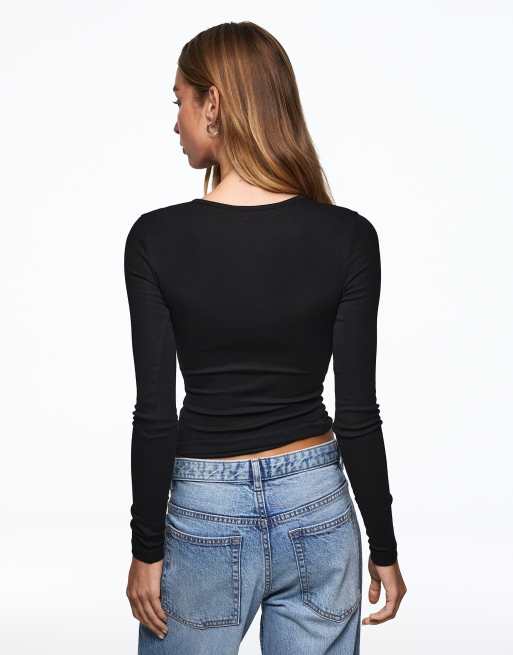 Bershka long sleeve top in black, 3 of 5