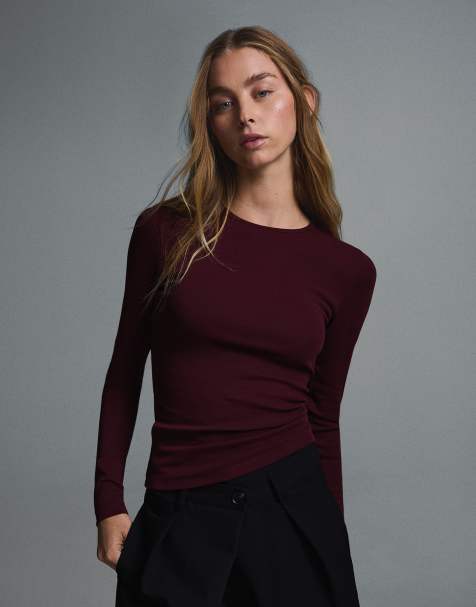 Bershka long sleeve top in burgundy - view 1