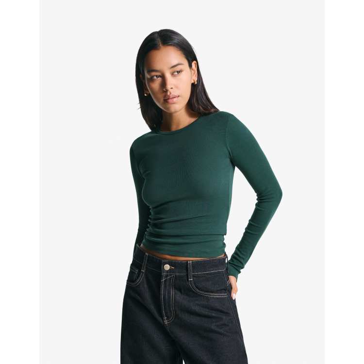 Sherosa Women's Long Sleeve Crew Neck T-Shirt - Basic Stretchy Tee For Everyday Wear, Dark Green, X-Large - View #4