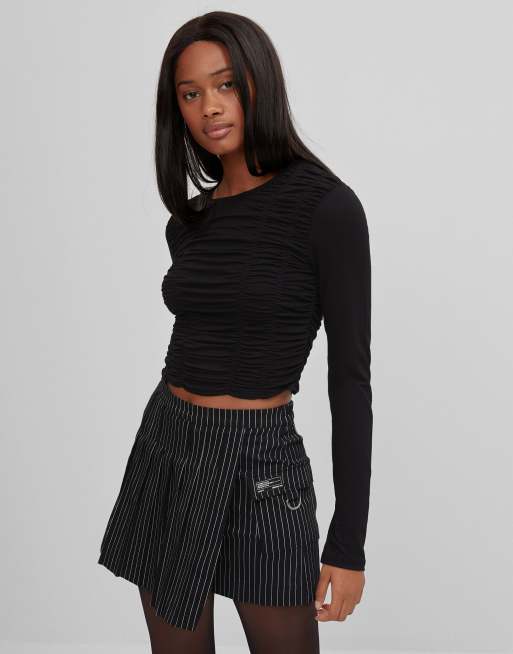 Bershka long sleeve top with ruched front in black ASOS