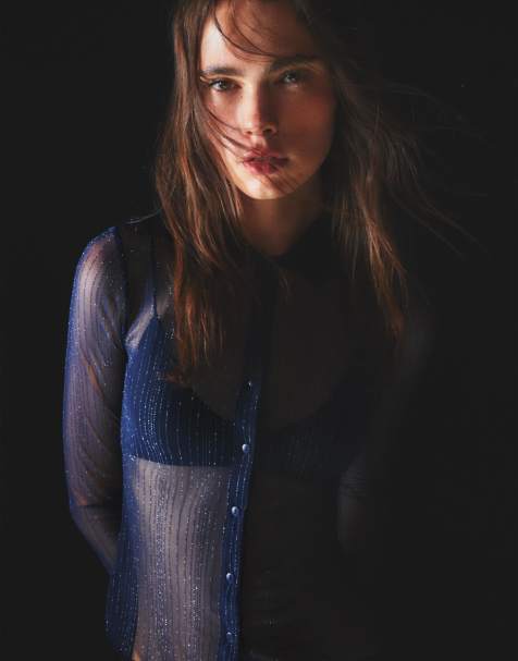 Bershka Long-sleeve tulle t-shirt with rhinestones in navy - view 1