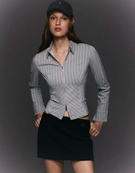 Bershka Long sleeve zip shirt in grey - view 1