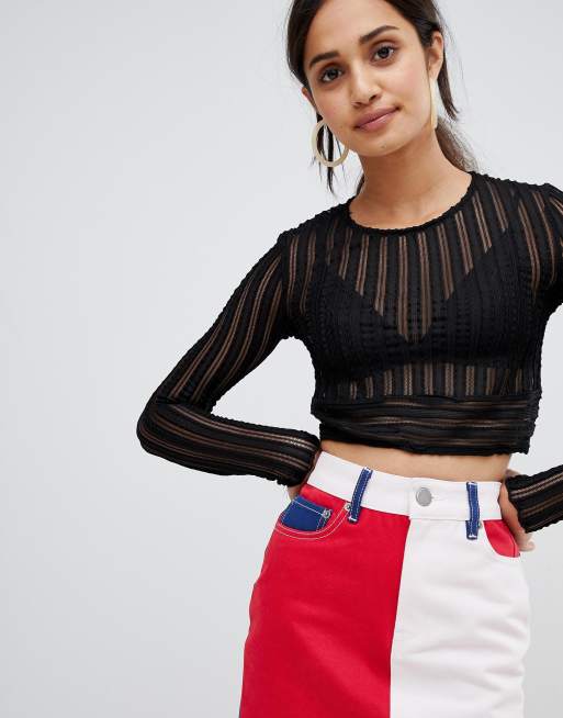 Bershka long sleeved crop top in mesh ASOS