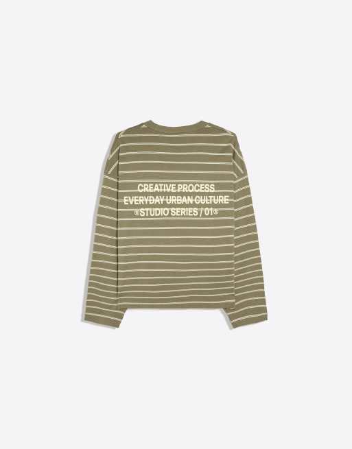 Bershka Long-sleeved stripe print t-shirt in khaki, 5 of 6