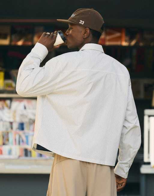 Bershka Long-sleeved striped shirt in white, 4 of 5
