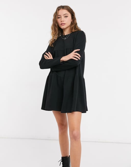 Bershka long sleeved tiered T shirt smock dress in black