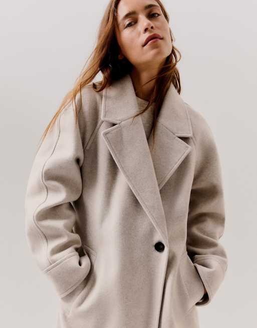 Bershka Long soft belted coat in beige, 4 of 5