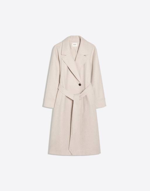 Bershka Long soft belted coat in beige, 5 of 5