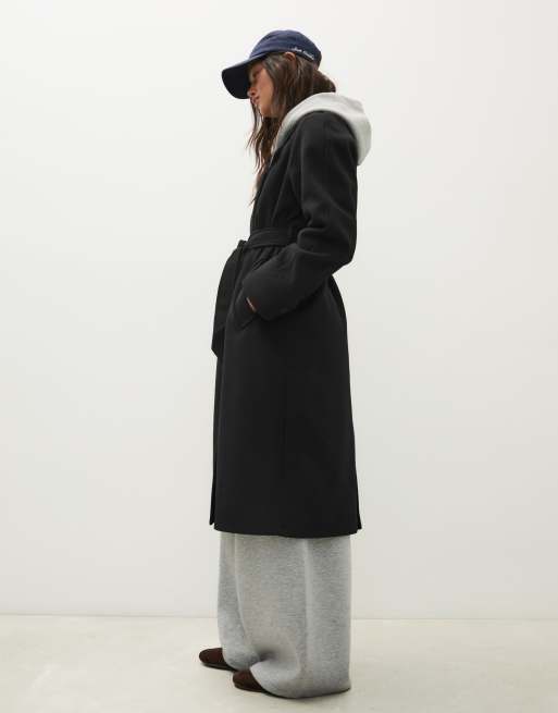 Bershka Long soft belted coat in black, 2 of 5