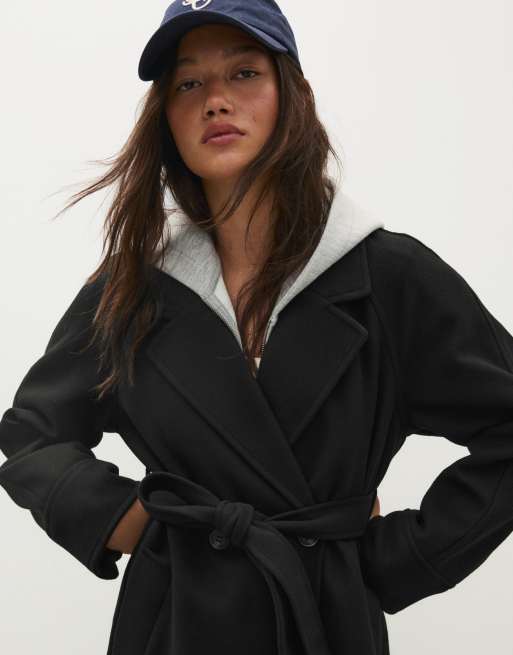 Bershka Long soft belted coat in black, 4 of 5