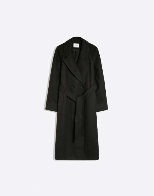 Bershka Long soft belted coat in black, 5 of 5