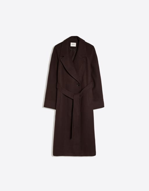 Bershka Long soft belted coat in brown, 6 of 6