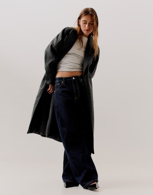Bershka Long soft belted coat in grey&black, 2 of 5