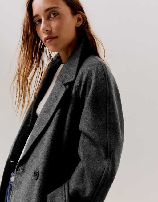 Bershka Long soft belted coat in grey&black, 4 of 5