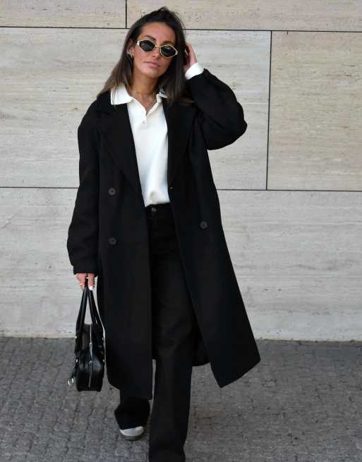 Bershka Long soft coat in black, 4 of 6