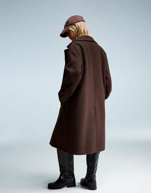 Bershka - Manteau long doux - Marron