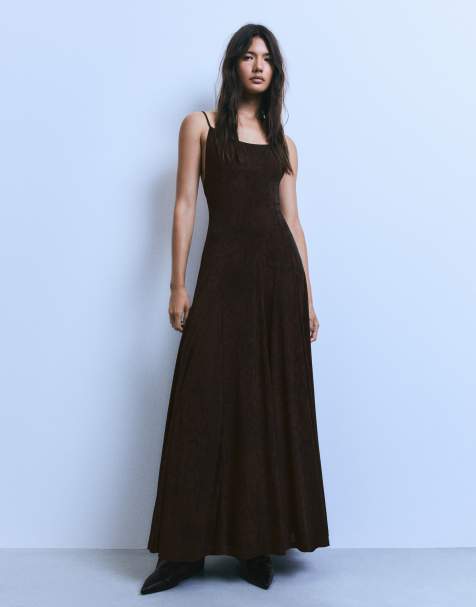 Bershka Long strappy dress in brown - view 1