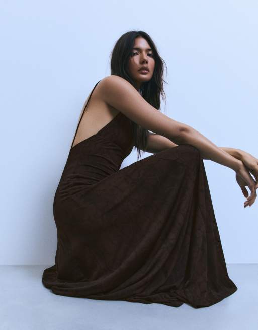Bershka Long strappy dress in brown, 2 of 6